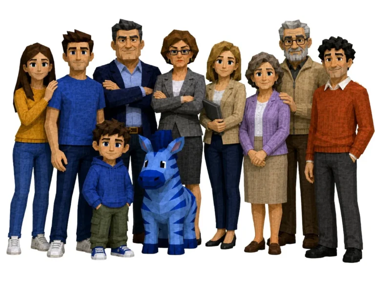 Illustrated expat family standing together with the blue zebra