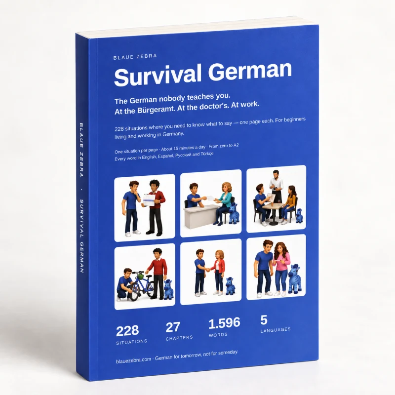 Survival German softcover book by Blaue Zebra: blue cover with illustrated everyday German situations